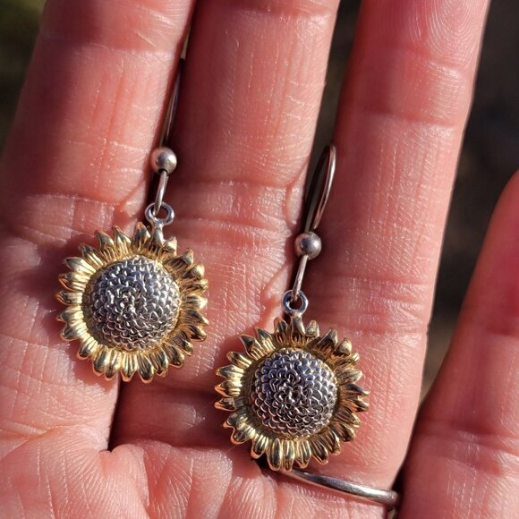 Sterling silver 925 gold boho hippie flower child sunflower earrings - Picture 7 of 13
